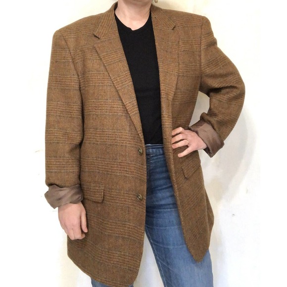 Tweed Plaid Blazer Brown and Blue 46 Two-Button Wool Academia Elbow Patches - Picture 2 of 14